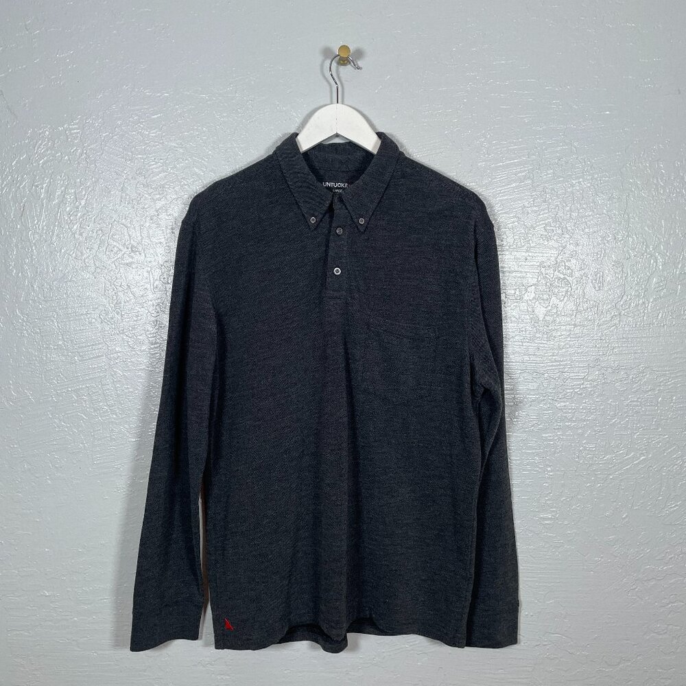 UNTUCKit Men L Dark Gray Zingaro Long Sleeve Polo Shirt Woven Cotton Blend